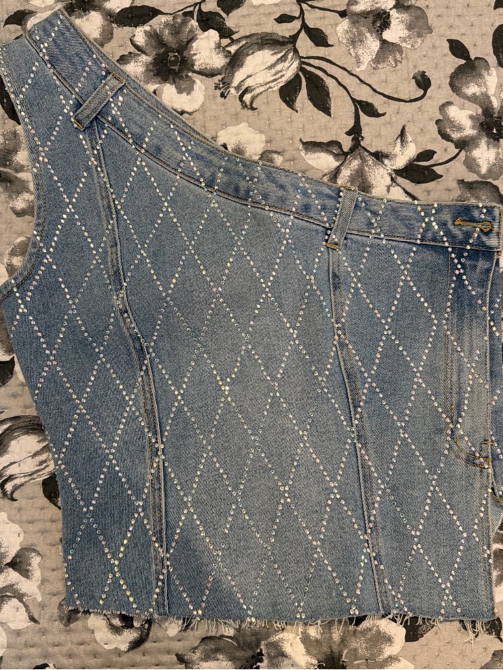 Fashion Nova Blue Denim High-Rise Top with Rhinestone Diamond Pattern